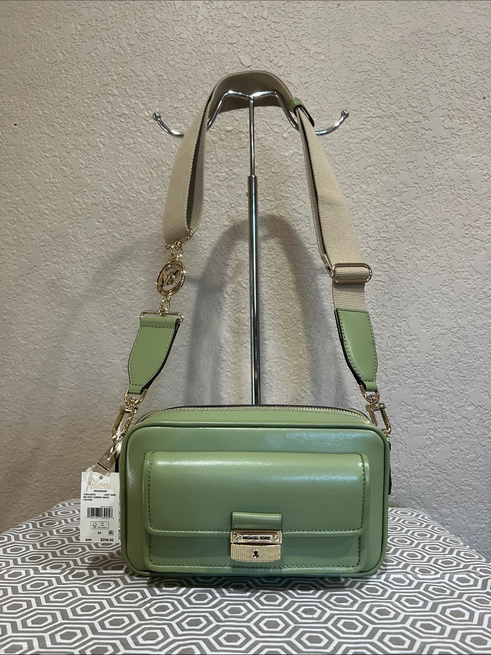 Michael Kors Light Green Leather Crossbody Camera Bag with Cream Strap